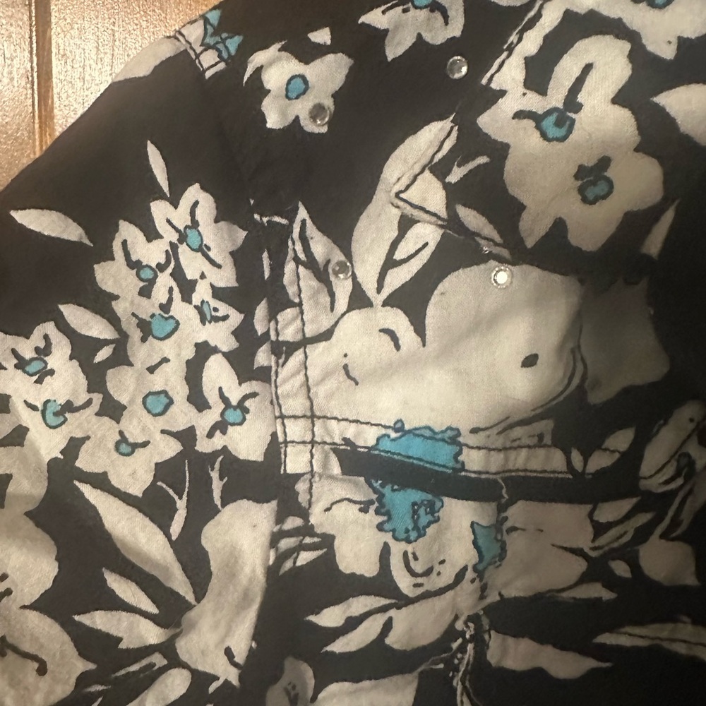 Oleg Cassini Weekend Floral Button Down Blouse Medium Black Blue Cotton - Picture 12 of 12